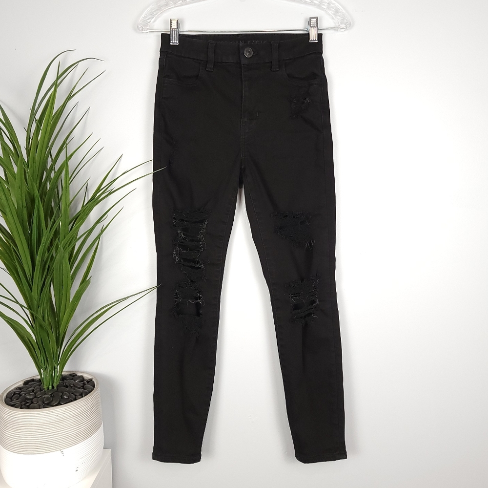 American Eagle Black Distress Curvy HiRise Jegging